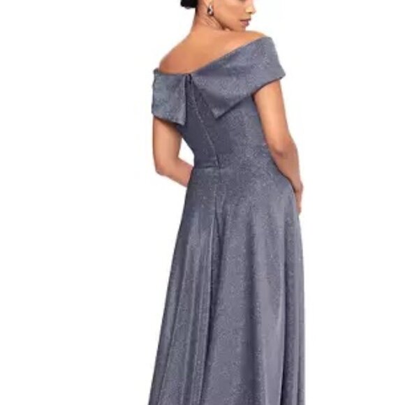 Off the Shoulder V-Neck Gunmetal Silver Sprakly Fit and Flare Gown Dress - Picture 3 of 5